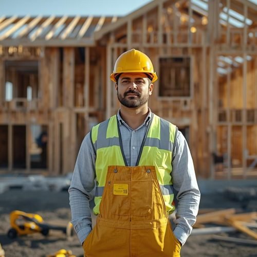 je veux l'image d'un seul couvreur et en casque jaune, tenu jaune, jilé jaune, avec des outils jaunes sur un chantier devant une maison (1)
